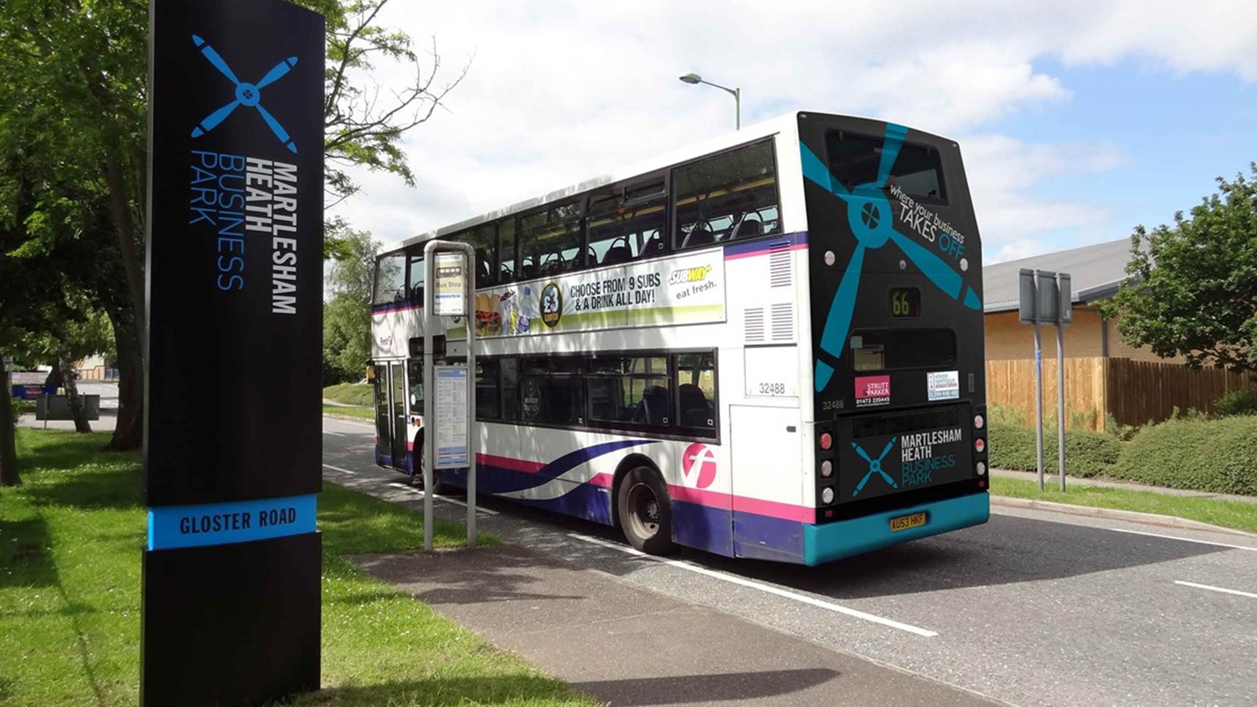 Martlesham Heath Business Park Bus and sign advertisement